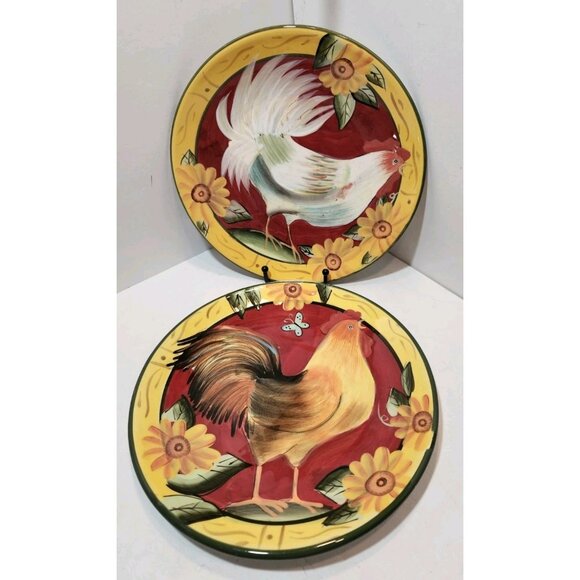 Susan Winget Rooster And Sunflower Yellow Rim 10.5"  Dinner Plates Set of 2 - Picture 1 of 7
